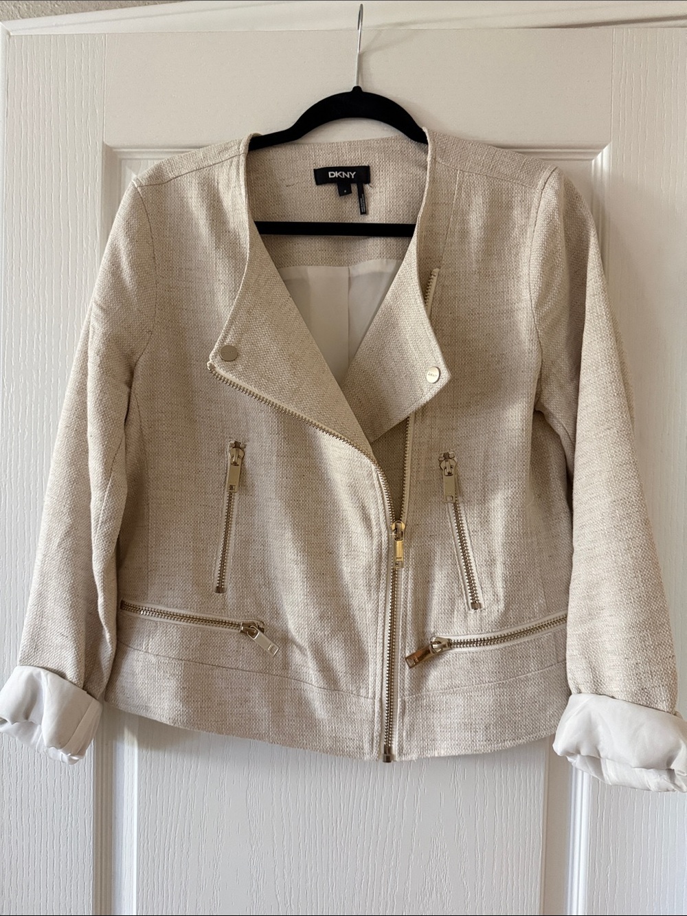 DKNY Cream Textured Moto Jacket with Gold Hardware